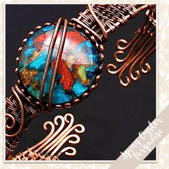 Turquoise, Spiny Oyster Eclectic Copper Artisan Wire Wrap Bangle Cuff (Blue Red) - Picture 2 of 2